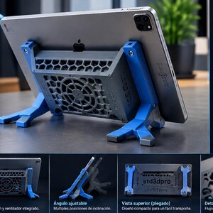 May include: A grey and blue tablet stand with an integrated cooling fan and honeycomb ventilation pattern. The stand features adjustable blue legs, a sturdy grey frame, and is designed to support a tablet device while providing airflow.