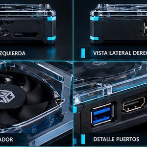 Peut inclure: Un boîtier d'ordinateur noir et transparent avec des accents bleus, doté d'un ventilateur de refroidissement supérieur avec logo, d'une ventilation latérale et de ports USB, HDMI et USB-C. L'image montre quatre vues : VISTA LATERAL IZQUIERDA, VISTA LATERAL DERECHA, DETALLE VENTILADOR et DETALLE PUERTOS.