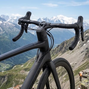 Puede incluir: Bicicleta de carretera negra mate con manillar de carreras, sobre un fondo de montañas y cielo azul. La bicicleta presenta un diseño de cuadro elegante, neumáticos negros y un freno de disco visible en la rueda delantera. Medidas en centímetros.