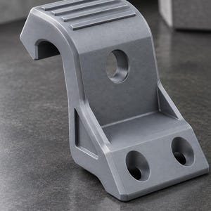 May include: A gray, L-shaped mounting bracket featuring a textured finish, a curved top section with horizontal ridges, a single circular hole in the vertical face, and two circular holes in the base for secure attachment to a flat surface.