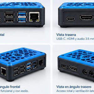 以下が含まれることがあります： ハニカム模様の天面を持つ黒と青のコンピューターケース。前面パネルにはUSB-Cポート、4つのUSBポート、イーサネットポートが配置されています。背面パネルにはUSB-Cポート、HDMIポート、3.5mmオーディオジャックが備わっています。