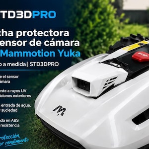 May include: A white protective camera sensor hood for a Mammotion Yuka robot mower, featuring the STD3DPRO logo and text. The accessory is mounted on the front of the white robotic device, which includes a red stop button and black control dial.