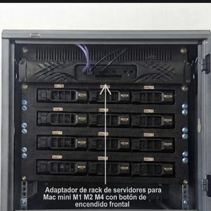 May include: A black server rack mount adapter for Mac mini M1, M2, and M4 models, featuring a front power button. The unit is installed in a rack with multiple hard drive bays and includes a white arrow pointing to the adapter's front interface.