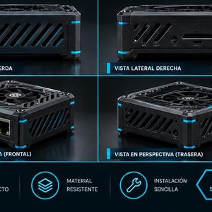May include: A black compact computer case with blue corner accents, featuring a top cooling fan, diagonal side vents, and various ports including HDMI, USB, and Ethernet. The image displays four angles labeled in Spanish and icons for design, material, and installation.
