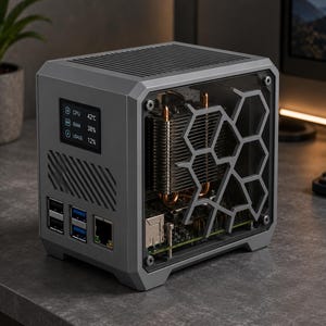 Könnte beinhalten: Ein kompaktes graues Computergehäuse mit einer transparenten Seitenwand, die ein hexagonales Wabenmuster aufweist. Die Vorderseite zeigt einen kleinen Bildschirm mit CPU-, RAM- und Auslastungsstatistiken. Es verfügt über USB- und Ethernet-Anschlüsse.