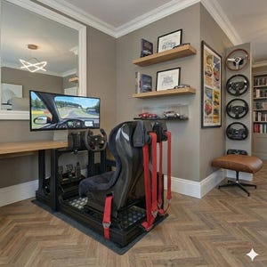 May include: A racing simulator setup featuring a black bucket seat with red harness straps, a steering wheel, and pedals mounted on a metal frame. A wide monitor displays a race track view. Four steering wheels are mounted on a wall pillar nearby.