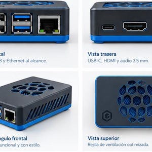 May include: A black and blue computer case for a single-board computer shown from four angles. The front view displays USB and Ethernet ports, the rear view shows USB-C, HDMI, and audio ports, while the top view features a circular ventilation grille.
