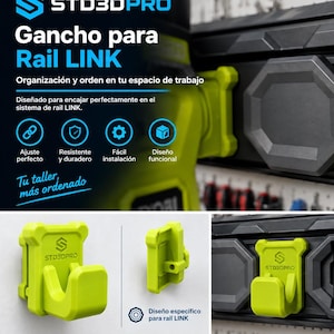 Könnte beinhalten: Ein limettengrüner Kunststoffhaken für ein Rail-LINK-System mit dem eingeprägten STD3DPRO-Logo auf der Vorderseite. Der Haken ist in verschiedenen Ansichten dargestellt, sowohl an einem schwarzen Schienensystem als auch einzeln auf weißem Grund.