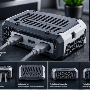 May include: A dark grey and white protective case for a Raspberry Pi 5, featuring a vented top, hexagonal side patterns, and integrated cable management ports. The product is labelled std3dpro and displays multiple views including front, back, top, and side angles with various technical icons and descriptive text in Spanish.