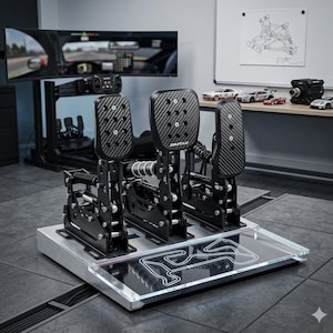 Puede incluir: Un juego de pedales de simulador de carreras de metal negro con placas frontales de fibra de carbono y la marca SIMTAG impresa en el pedal central. La unidad cuenta con tres pedales verticales montados sobre una base plateada con un reposapiés de acrílico transparente que muestra el contorno blanco de una pista de carreras.