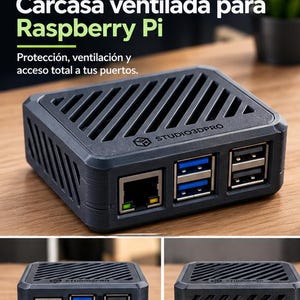 Könnte beinhalten: Ein schwarzes, belüftetes Gehäuse für Raspberry Pi mit dem Schriftzug "STUDIO3DPRO" auf der Oberseite und an der Seite. Das Gehäuse verfügt über Aussparungen für Ethernet-, USB- und USB-C-Anschlüsse sowie diagonale Lüftungsschlitze.