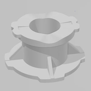 Op de afbeelding: Een 3D-geëngageerde, gebroken witte kunststof component. Het object heeft een cilindrisch lichaam met een cirkelvormige opening aan de bovenkant en een bredere basis. De bovenkant heeft een uniek, geschulpt ontwerp. De basis heeft een reeks rechthoekige uitsparingen.