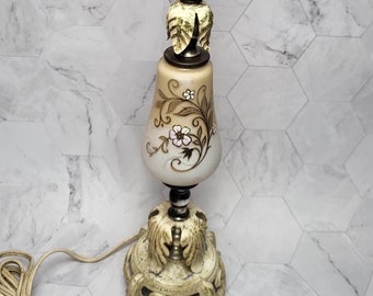 Lampe Vintage en Métal et Verre, Design Feuilles de Palmier et Fleurs Peintes, Circa 1970