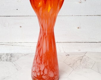 Vintage Art Glass Bud Vase with Ruffled Edge, Swirl Reddish Orange and White