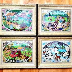 Lot von 4 Vintage Pop Art Stoff Gemälde - Die vier Jahreszeiten