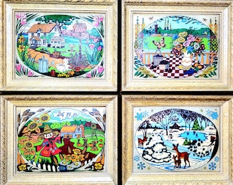 Lote de 4 pinturas vintage de arte popular en tela: Las cuatro estaciones