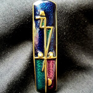 Vintage 80s Enamel Copper Brooch: Graphic Design with Strass