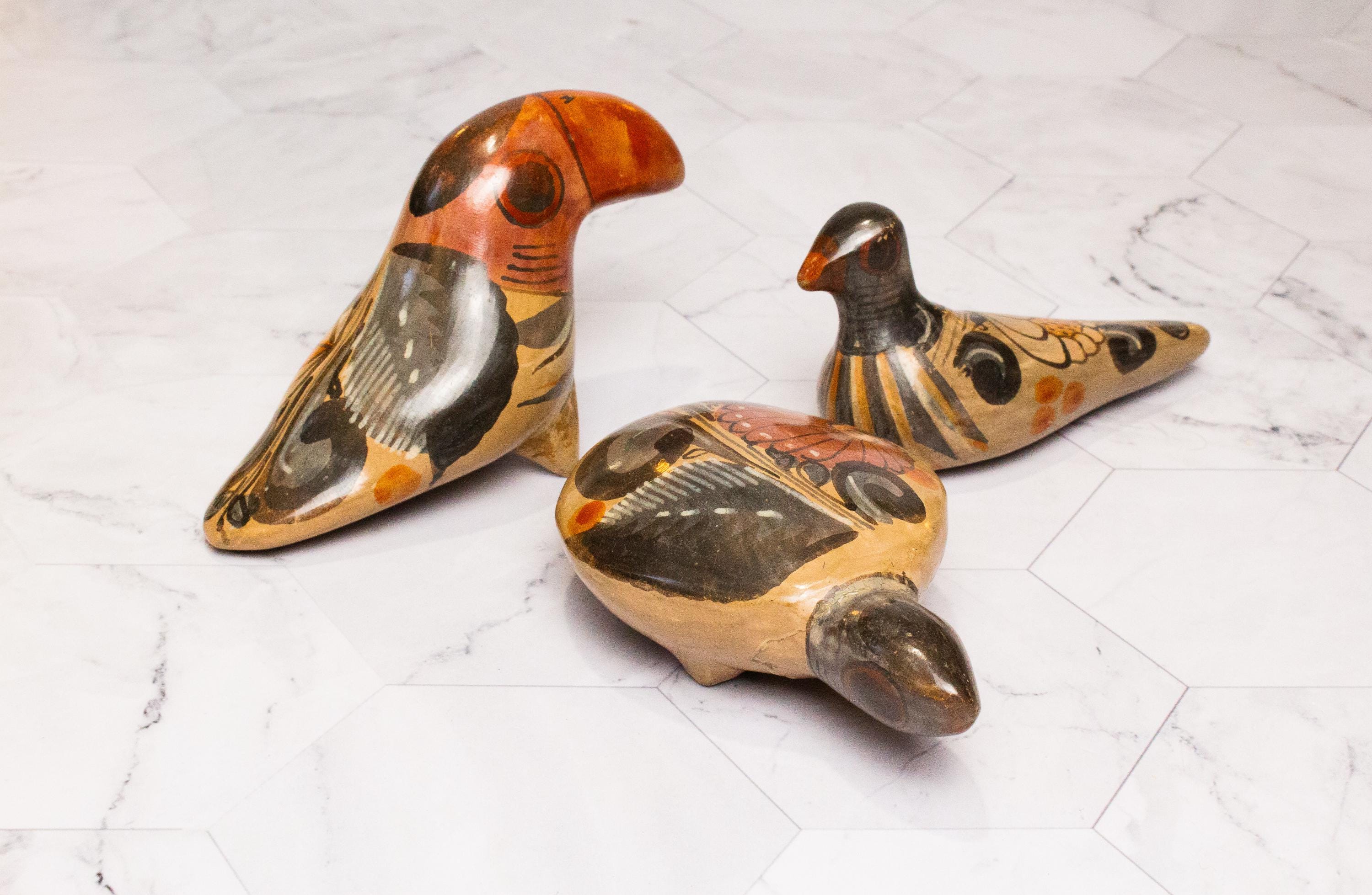 Lot of 3 Vintage Small Tonala Mexican Pottery Animal Figurines – Toucan, Dove & Turtle