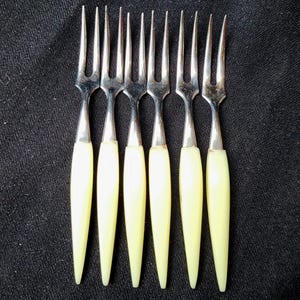 Lot Vintage Celluloid and Japanese Stainless Steel Cocktail Forks - Cream Color