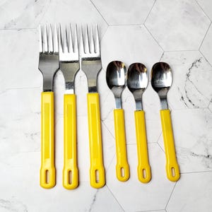 Lot (6) Vintage Yellow Plastic Handle Stainless Steel Cutlery Set, MCM, Forks and Tea Spoons