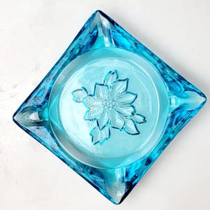 Vintage Hazel Atlas Aqua Glass Ashtray: 1950s Floral Trinket Dish