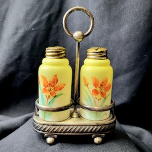 EAPG Victorian Hand-Painted Milk Glass Salt & Pepper Shakers with Barbour Silver Co. Quadruple Plate Rack