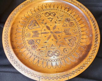 Vintage Polish Carved Wood Plate with Brass Inlay | Heart Design | Traditional Folk Art