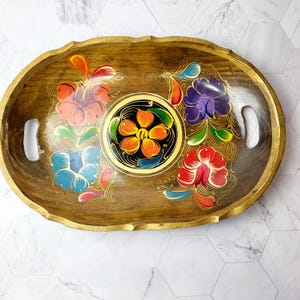 Hand-Painted Mexican Folk Art Wood Bowl: Floral Design, Vintage Decor