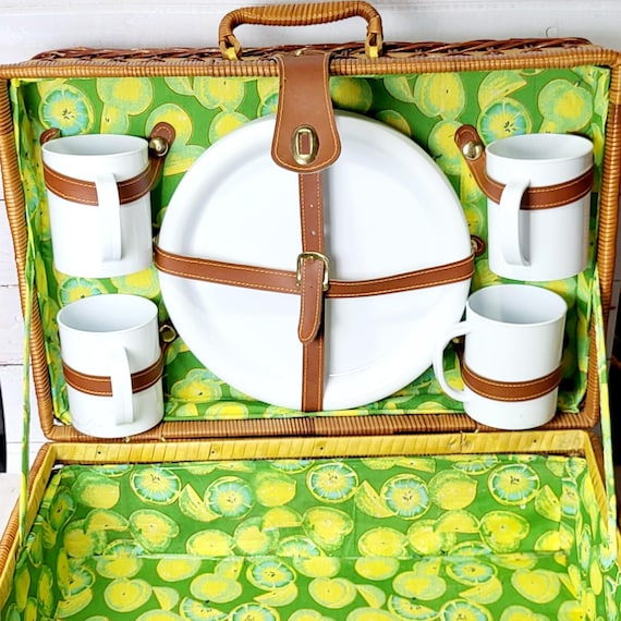Panier de Pique-Nique Vintage en Osier – Vaisselle Incluse, Intérieur Fleuri Vert et Jaune