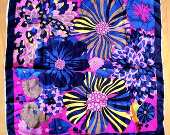 Vintage Blumen Schal: Seidig Weicher Stoff, Hell Blau Gelb Magenta