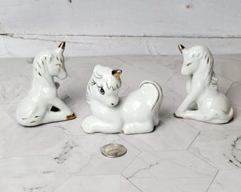 Vintage White & Gold Ceramic Unicorn Figurines - Set of 3