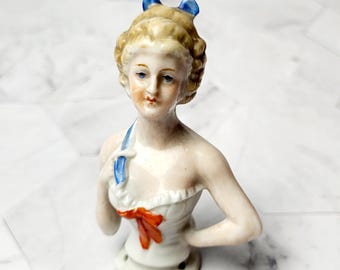 Antique Victorian Porcelain Half Doll: Blonde Hair, Blue Bow