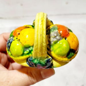Fruit and Veggies Salt and Pepper Shakers in Bright Yellow Basket, Porcelain, Great Condition