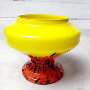 Antique 1930s Czech End of Day Glass Vase Yellow with Red and Black Spatter Pedestal Base Hand Blown Bohemian Decorative Collectible