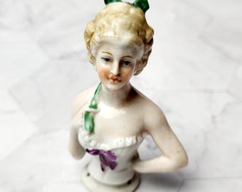 Antique Victorian Porcelain Half Doll: Blonde Hair, Green Bow