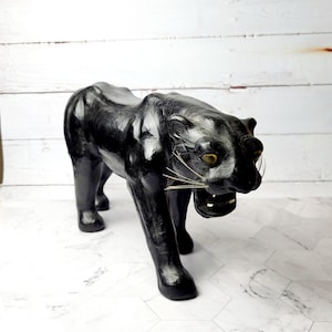 Elegant Black Panther Leather-Wrapped Statue with Glass Eyes, Art Deco Style