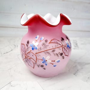 Bohemian Cased Satin Glass, Cranberry  Ruffled Edge and Hand-Painted Floral Enamel Details