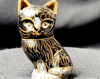 Vintage Miniature Cloisonné Cat Figurine in Black and Gold