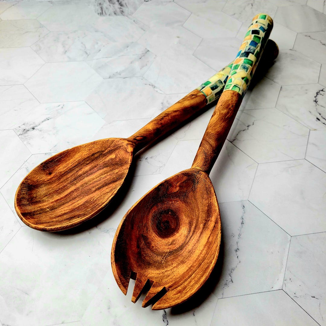 Vintage Teak Salad Spoons: Inlaid Tile Handles, Rustic Kitchen Set - Etsy