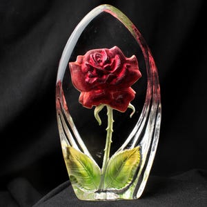 Vintage Glass Paperweight with Etched Red Rose and Leaves