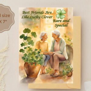St. Patrick's Day Freundschaftskarte - Aquarell Illustration alter Freunde, Zitat von vierblättrigem Kleeblatt, digitale Grußkarte mit irischem Segen