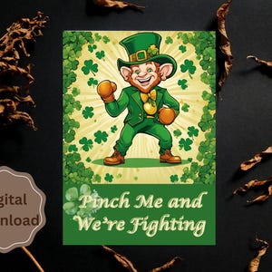 Carte de la Saint-Patrick drôle | Leprechaun mignon avec des gants de boxe | Pincez-moi et nous nous battrons ! | Téléchargement numérique | Humour irlandais des fêtes