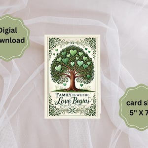 Printable Valentine’s Day Card | Family Tree with Heart-Shaped Leaves & 'Family is Where Love Begins' | Digital 5" x 7" Card