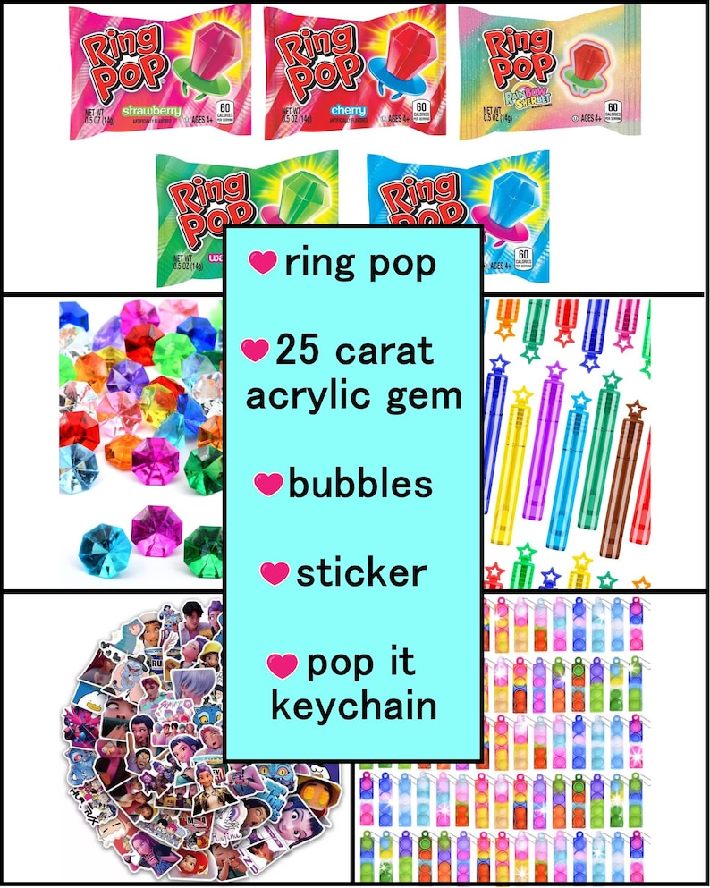May include: An assortment of colorful Ring Pop candies in various flavors, alongside a collection of 25-carat acrylic gems, bubbles, stickers, and pop-it keychains. The image features a variety of vibrant colors and designs.