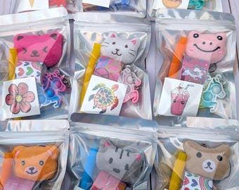 Pre-filled Kids Party Gift Bag: Animal Plush, Slap Bracelet, Pop Fidget, Toy, Sticker, Tattoo
