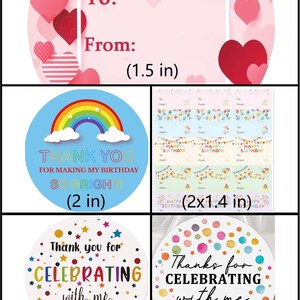 May include: A collection of colorful gift tags and stickers. Includes a pink gift tag with "To:" and "From:" text, a blue sticker with a rainbow and the text "Thank You", and two round stickers with the text "Thanks for Celebrating".