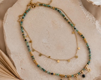 Star Moon Layered Necklace, Boho Gold Beaded Choker, Celestial Pendant Necklace, Vintage Bohemian Jewelry, Gift for Her