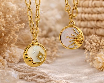 Boho Sun Moon Necklace, 18K Gold Plated Coin Pendant, Celestial Jewelry Gift for Her, Vintage Style Medallion