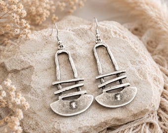 Silver Artisan Boho Earrings, Long Dangle Earrings, Ethnic Jewelry, Geometric Drop Earrings, Bohemian Statement Earrings for Women
