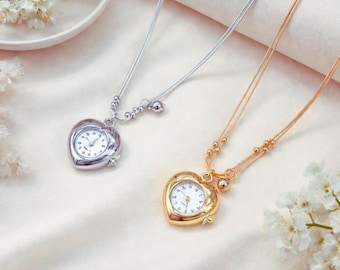 Elegant Retro Layered Necklace with Heart & Clock Charm – Multi Layer Chain Jewelry, Meaningful Gift for Her